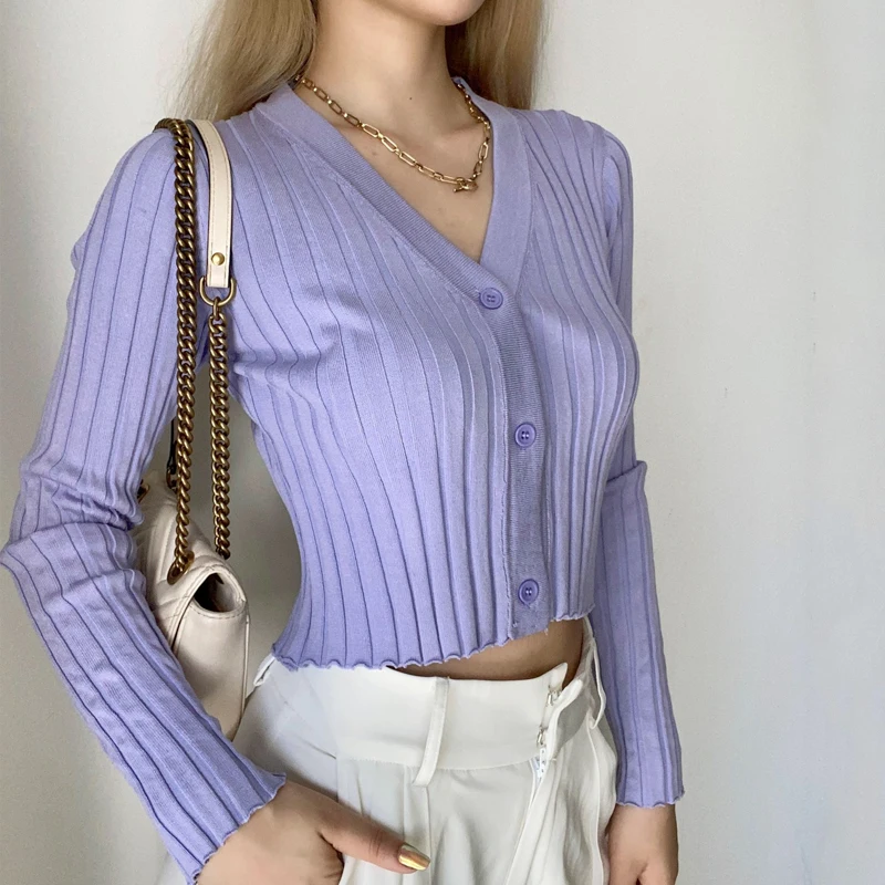 2020 Autumn knit Casual cardigan women French Fashion All-match Slim-Fit Buckle Elastic V-neck Long-Sleeved Thick Sweater Women |