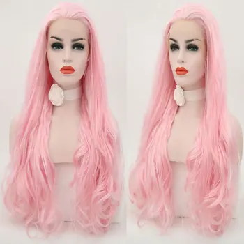 

Peach Pink Long Natural Wave Hand Tied Synthetic 13*3 Lace Front Wig Heat Resistant Fiber Hair Free Parting For Women Girl Wigs