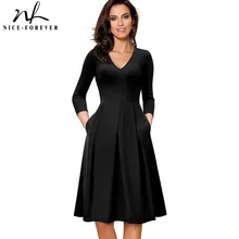 Хорошее-forever винтажное однотонное платье с v-образным вырезом и карманами, деловые вечерние платья трапециевидной формы, женское расклешенное платье A126