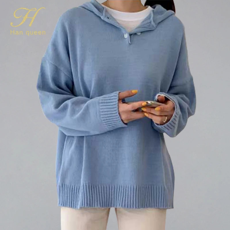 

H Han Queen Hooded Blue Casual Knitted Sweaters Women OL Autumn Solid Color Loose Pullovers Sweet Girl Knit Warm Stretch Jumpers
