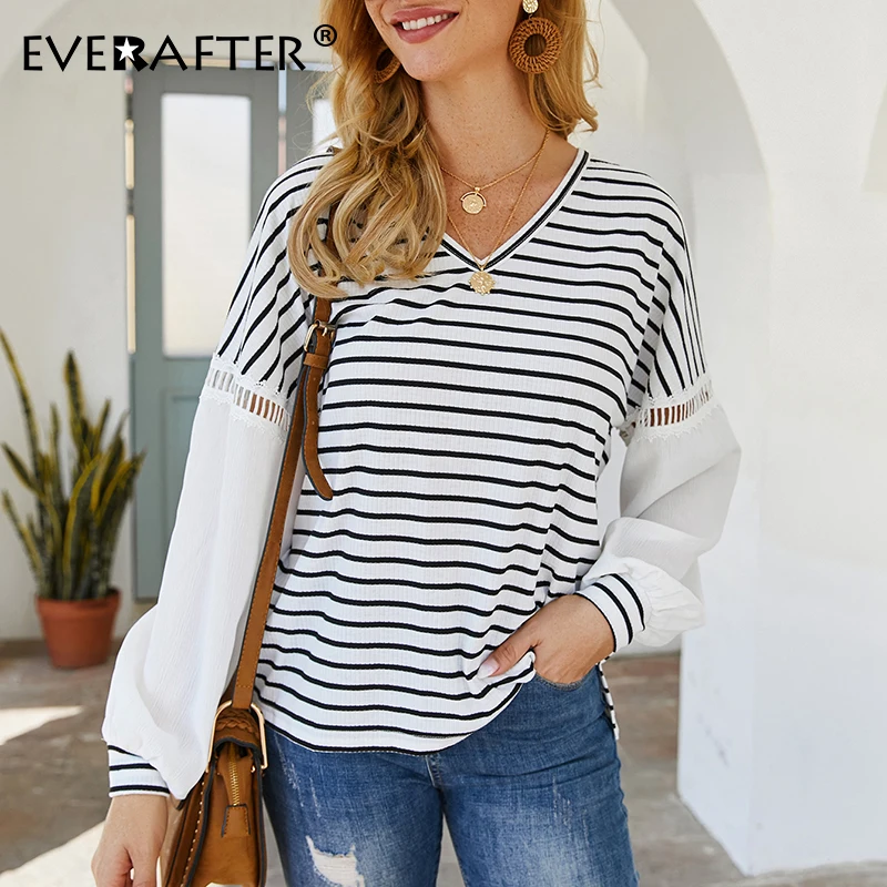 

EVERAFTER Striped Blouse Shirt Women V-neck Shirts Hollow out Loose Patchwork Spring Casual Tops Office Lady Femme Blusas Mujer