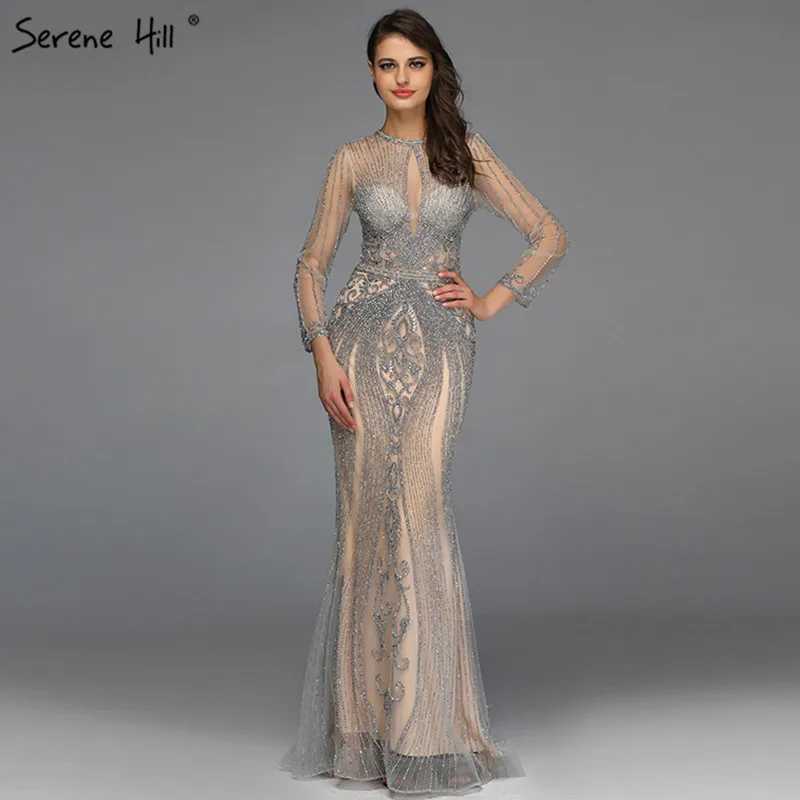 Дубай с длинным рукавом серое роскошное платье для выпускного вечера с О-образным вырезом Полный алмаз русалка платье выпускного вечера беззаботный холм размера плюс DLA70116