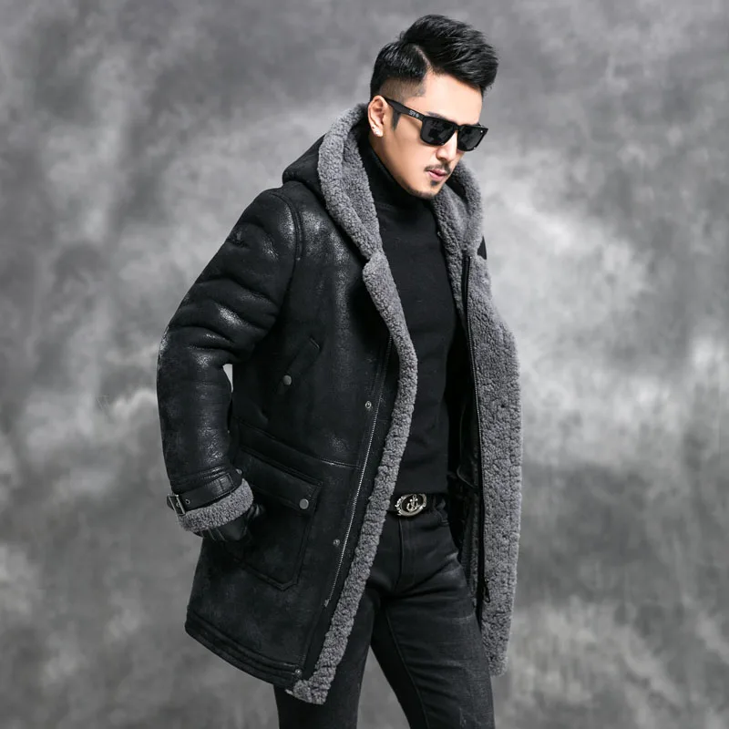 Куртка из короткой овечьей шерсти, мужская зимняя куртка из натурального меха, мужская куртка из натуральной кожи с капюшоном, винтажные длинные толстые кожаные пальто 4670 KJ3583