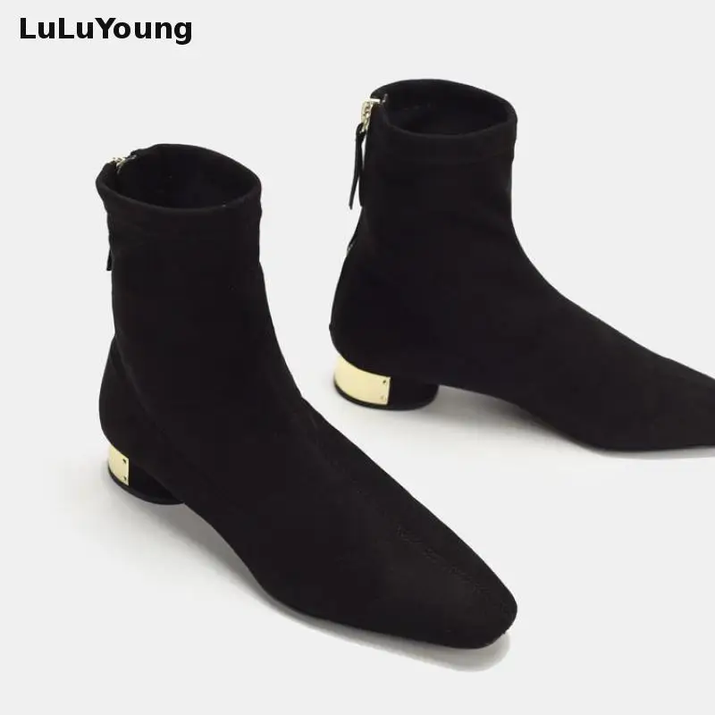 Женские укороченные ботинки на молнии эластичные с квадратным носком низком