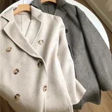 Женская шерстяная куртка, повседневная Осенняя зимняя однотонная двубортная шерстяная куртка, верхняя одежда