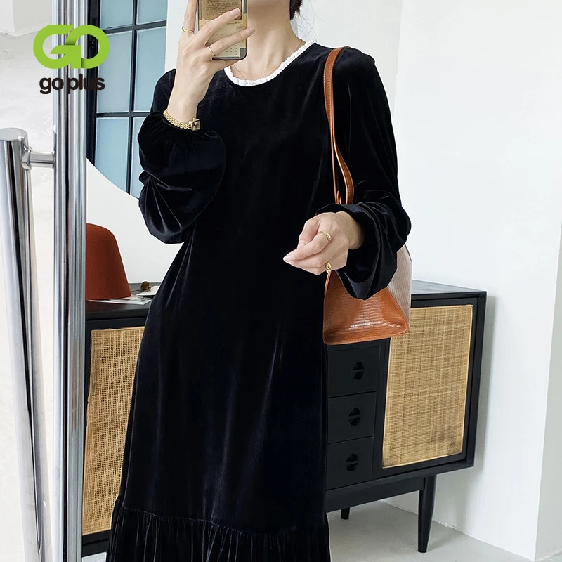 

GOPLUS Dress Vintage Winter Long Sleeve Christmas Dresses Women Velvet Black Midi Mermaid Dress Robe Femme Dames Jurken C10835
