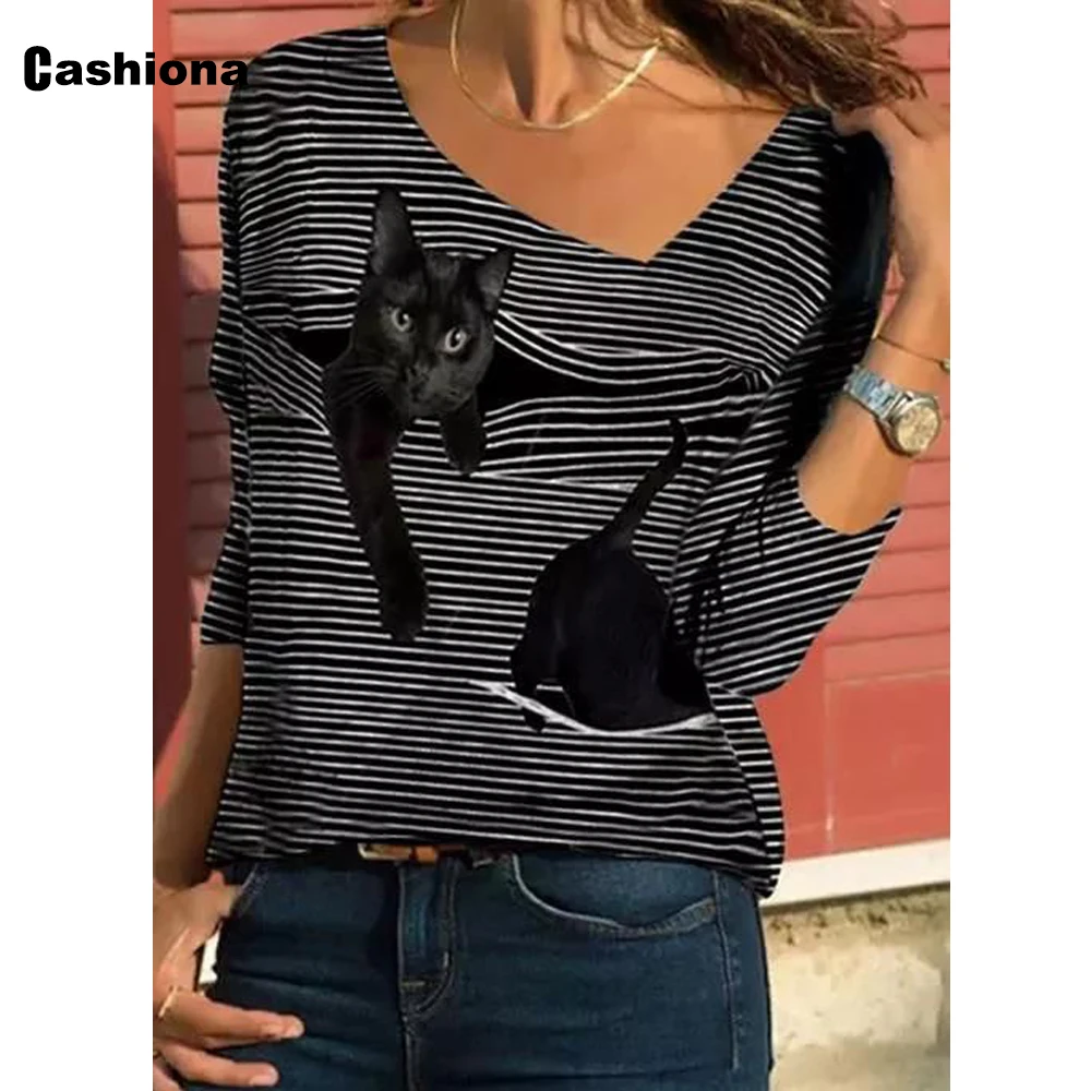 

Women Fashion Leisure Casual T-shirt Model Cat Stripe Print Loose Women's Top Spring Autumn Irregular Collar Tees shirt Femme