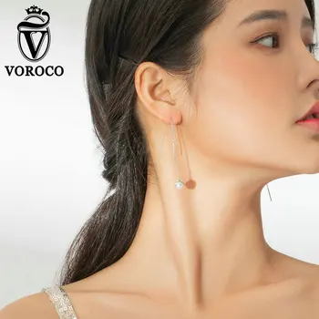 

VOROCO BNE373 String Earrings Genuine 925 Silver Long Tassle Asymmetric Pure Pearl flower Earrings Women Jewelry Dangle Earrings