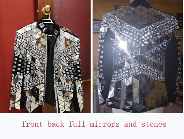 long sleeves Мода серебряное зеркало жилет куртка мужской костюм для певца Стразы в стиле панк Ds Dj верхняя одежда для ночного клуба - Цвет: long sleeves