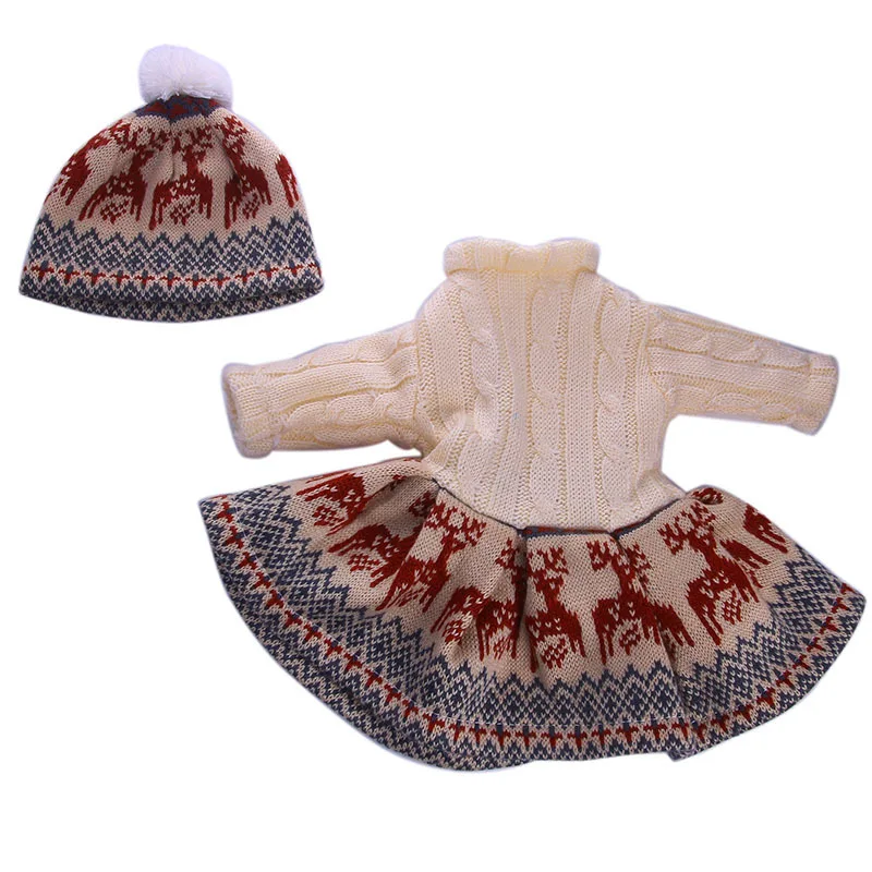 Модная одежда, комплект из 2 предметов, платье-свитер+ вязаная шапка, подходит для 18 дюймов/43 см, американская кукла, Детские аксессуары для кукол, подарок для девочек