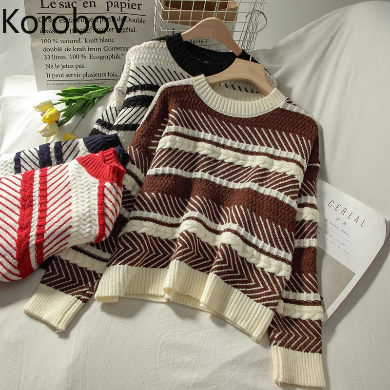 Korobov Women Striped Sweater Jumper Femme Korean O Neck Long Sleeve Sweaters 2020 Autumn Winter Hit Color Sueter Mujer | Женская одежда