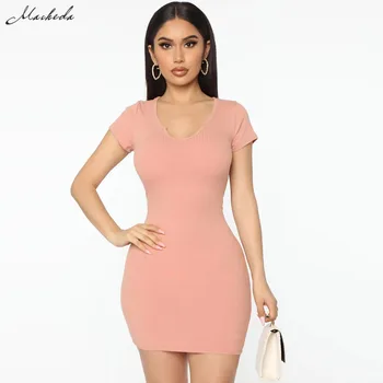 

Macheda Summer V Neck Simple Bodycon Dresses Women Knitting Short Sleeve Street Mini Dress Lady Vacation Casual Slim Clothing