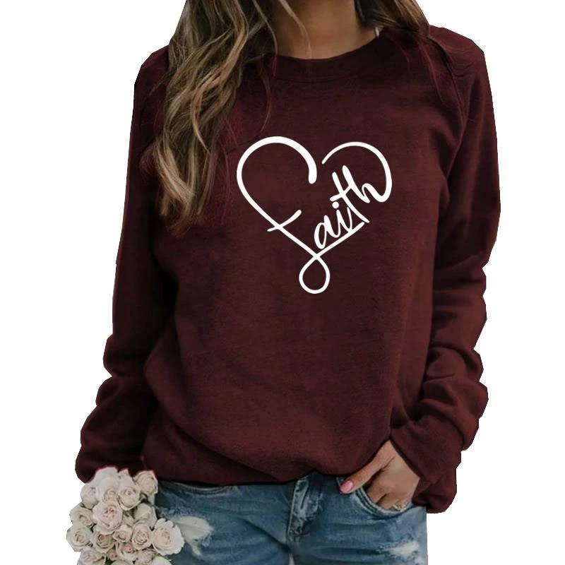 

Hoodies For Women Long Sleeve Round Neck Hoodies Faith Letters Print Women Kawaii Sweatshirt Femmes Sweatshirts Hoody Youth