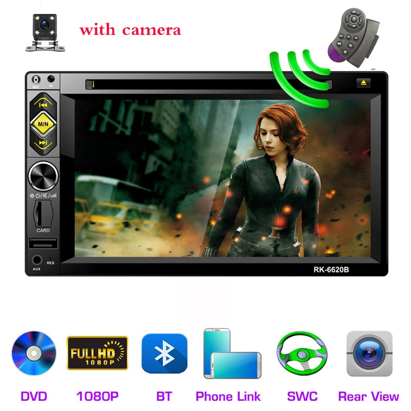 

6.2'' 2 Din Car Radio Bluetooth FM MP5 DVD CD Stereo Multimedia Player 2DIN Mirror Link AUX/USB/SD/TF Input with Camera