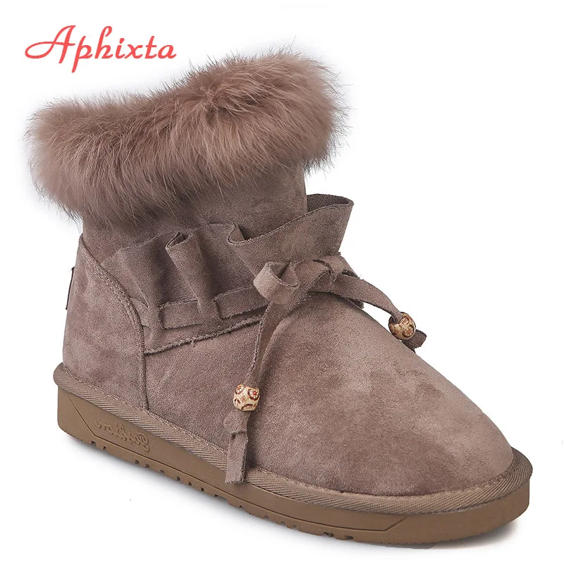 Aphixta/зимние сапоги с натуральным мехом; женская обувь из замши с кроличьим мехом; плиссированная обувь с плюшевой подкладкой; женские теплые фетровые ботильоны на платформе - Цвет: khaki