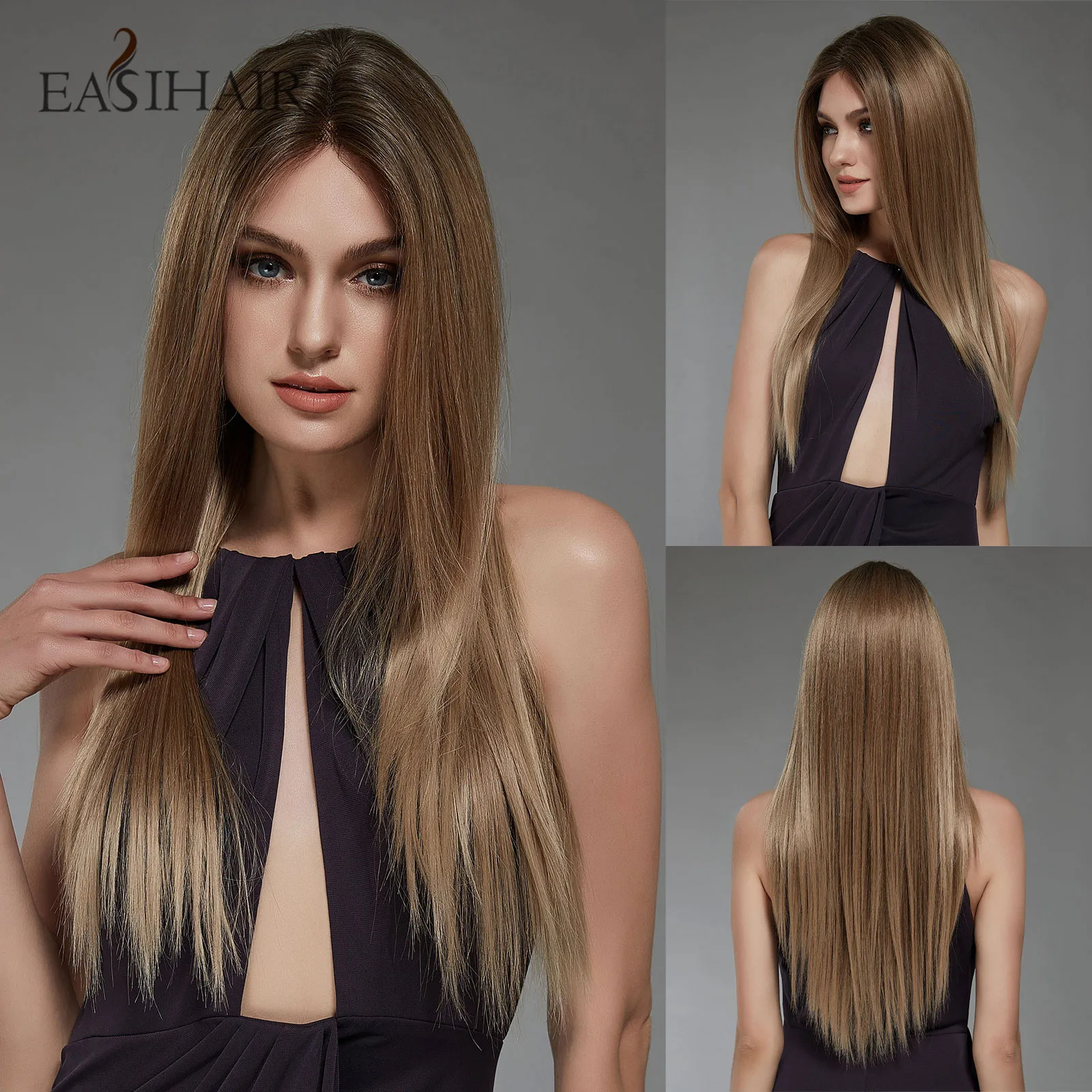 EASIHAIR Lace Front Wigs Long Brown Ombre Straight Synthetic for Women Afro Heat Resistant Frontal Wig Soft Hair | Шиньоны и парики
