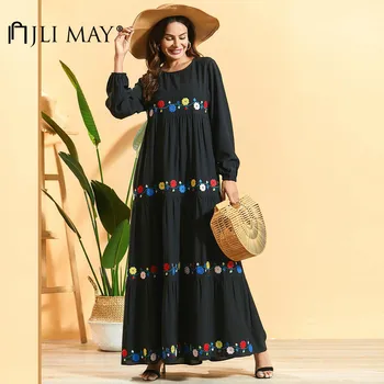 

JLI MAY Women's Pleated Dress Floral Embroidery O-Neck Lantern Sleeve Empire Long Dresses Summer Casual Robe Plus Size