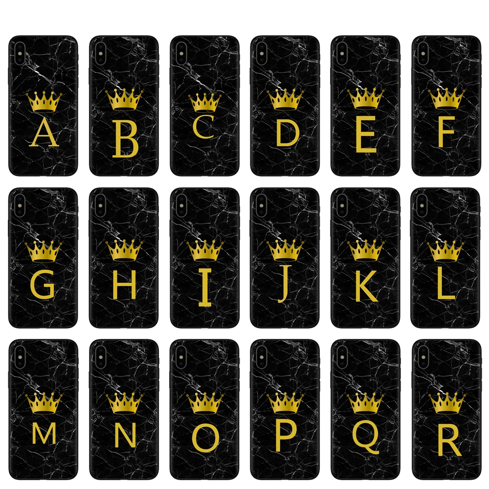 

Soft Black Silicone Case For iPhone X XR XS Max 8 7 6 6S Plus 5 5S SE Custom name Letter Monogram Black Marble Gold crown Cover