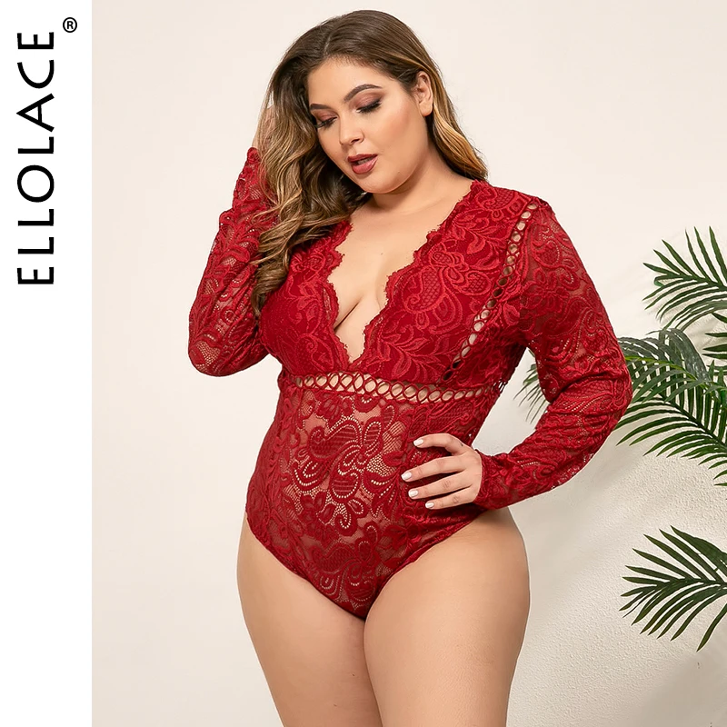 Ellolace Large Size L-4XL Sexy Deep-V Bodysuit Hollow Out Long Sleeve Body Women See Through Bodycon Overalls Rompers Bodysuits Ellolace Large Size L-4XL Sexy Deep-V Bodysuit Hollow Out Long Sleeve Body Women See Through Bodycon Overalls Rompers Bodysuits