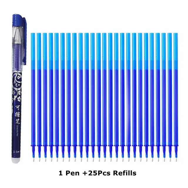 Erasable Pen Set 0.5mm Needle Bullet Tip Gel Ink Pens Refills Rods write erase Washable Handle for School Office Supplies 1 pen 25 refills A