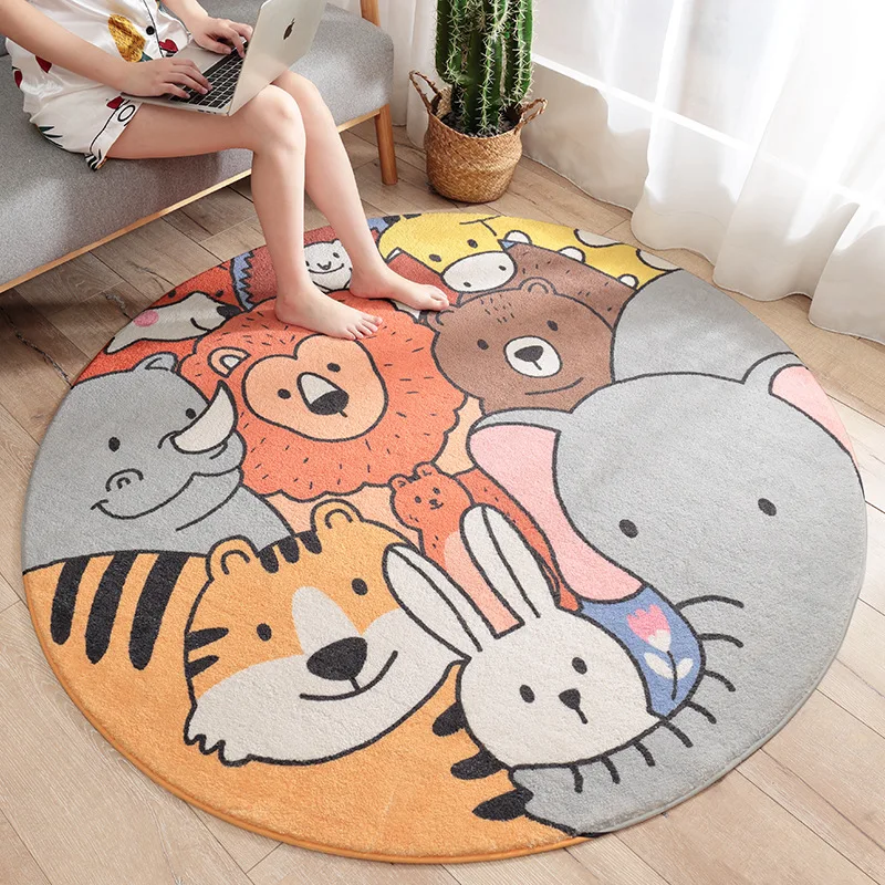

Cartoon Animal Kingdom Pattern Round Lamb Velvet Carpet Non-slip Bedroom Door Soft Touch Mat