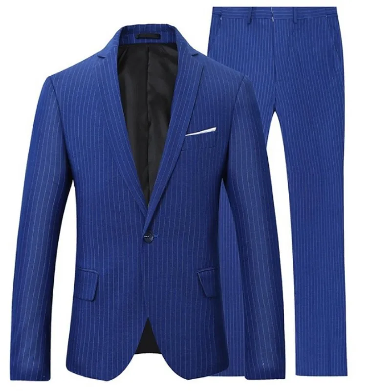 

High quality stripes blue men's suit a button business suit suit men's large size 2 Pieces Suit sets of jacket pants 261