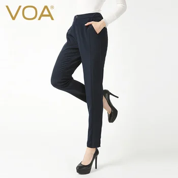 

VOA heavy weight elastic silk sailor blue mid waist yoke pleated vertical bar splicing narrow legged pants for women K6275