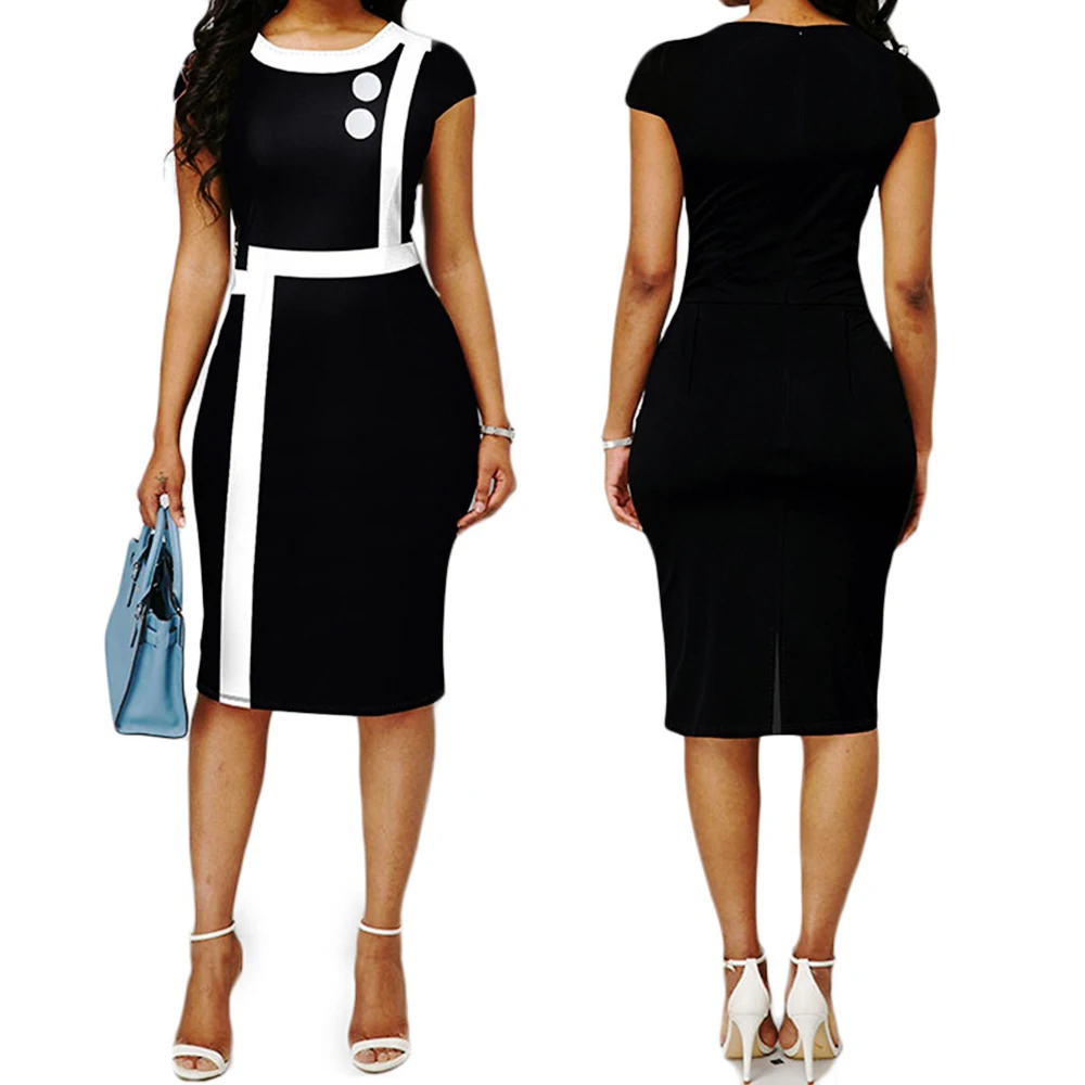 Women's Dress Elegant Patchwork Black White Dress Summer O-Neck Slim Office Lady Pencil Bodycon Midi Dresses Party Vestidos