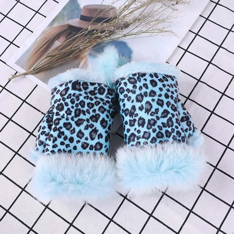 Leopard blue Новые женские бархатные теплые перчатки из кроличьего меха, Модные леопардовые и однотонные флисовые перчатки на половину пальцев - Цвет: Leopard blue