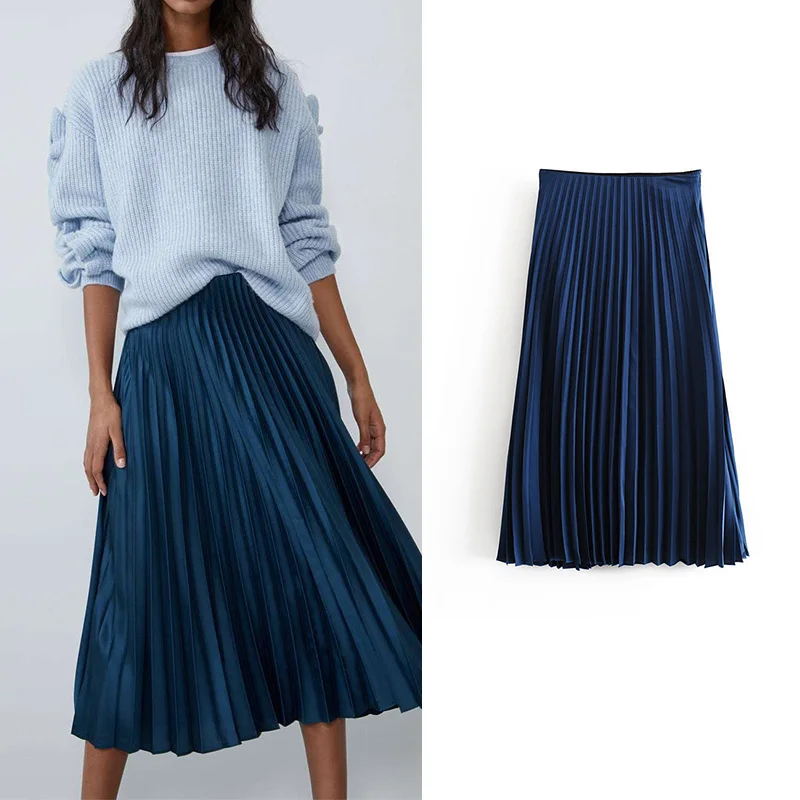 Стильные плиссированные юбки za, женские Слики и Сатиновые Слип длинные юбки, винтажные повседневные faldas mujer moda