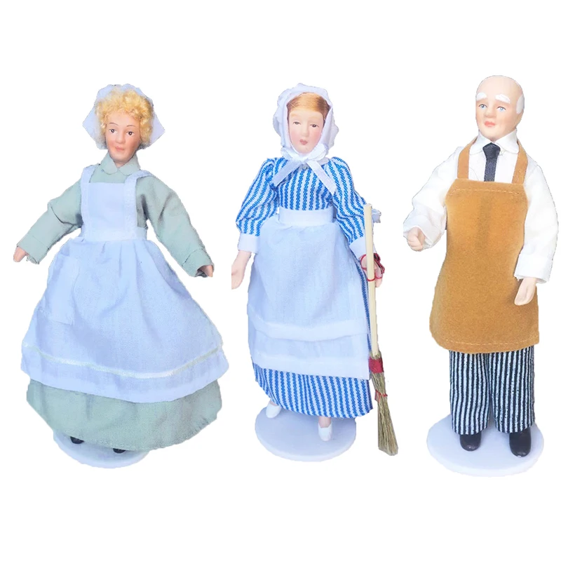 Dollhouse Miniature Mini Dolls With Stand For 1/12 Doll House Accessories Housemaid Chef Old Man Servant Mold Toys For Children diy dolls face mould face silicone mold chocolate soap molds handmade craft clay cake decorating tools accessories