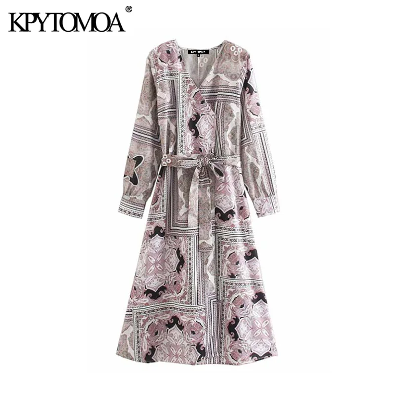 Vintage Stylish Print Bow Tie Sashes Midi Dress Women 2020 Fashion V Neck Long Sleeve Female Dresses Casual Vestidos Mujer Vintage Stylish Print Bow Tie Sashes Midi Dress Women 2020 Fashion V Neck Long Sleeve Female Dresses Casual Vestidos Mujer
