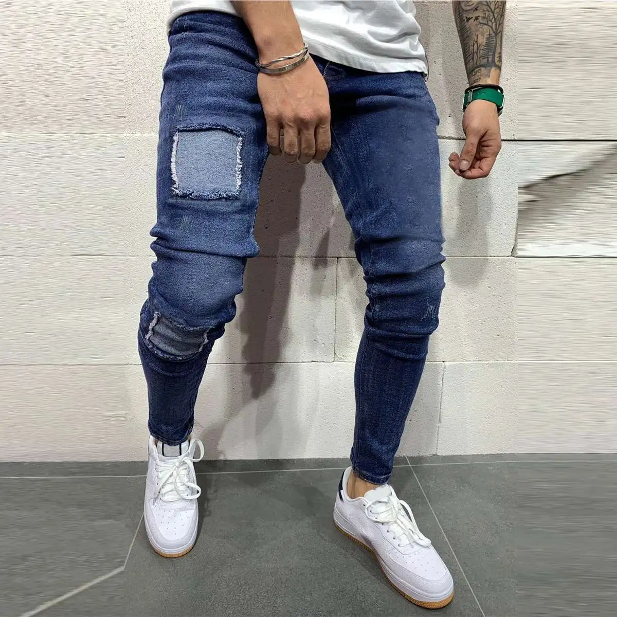 

Laamei Jeans Men Patch Biker Jeans Moto Skinny Patchwork Holes Ripped Stretch Denim Pants Washed Straight Vintage Trousers Male