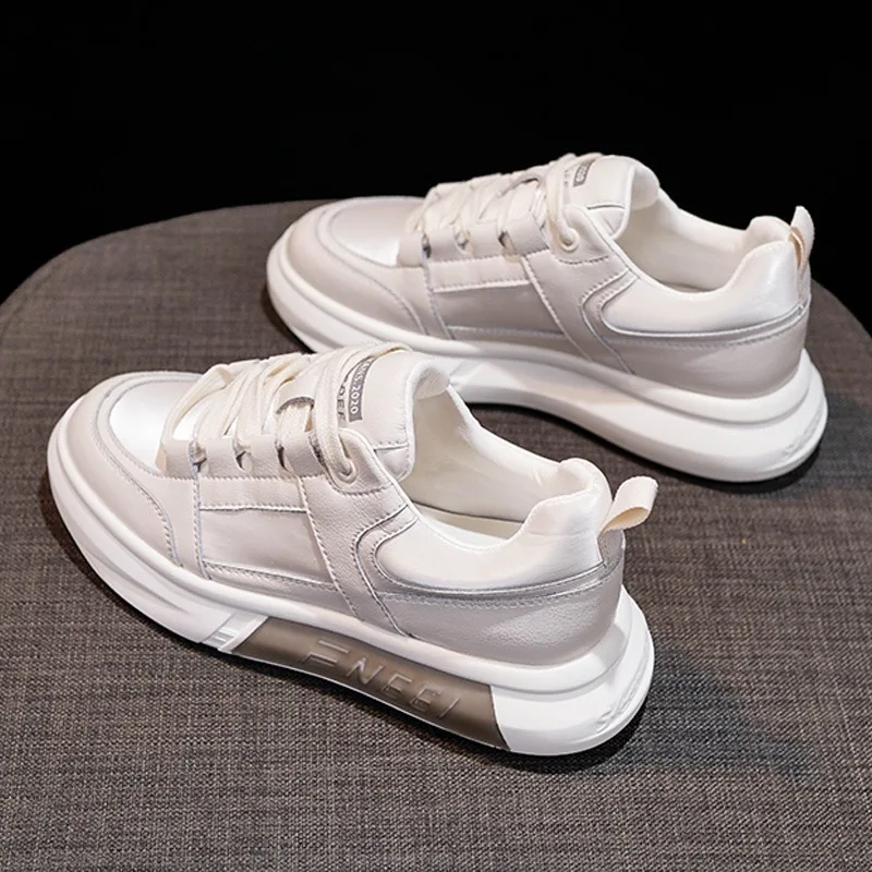 Women's Sports Shoes Color Matching Shoes 2021 New Fashion Thick Soled Soft Leather Sports Shoes Heightening Small White Shoes