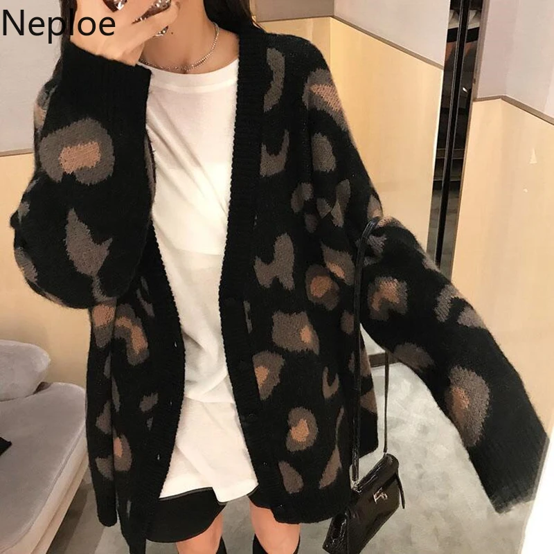 Neploe леопардовый кардиган пальто с v-образным вырезом однобортный свитер для женщин Мода повседневное вязаное Свободное Топы Осень Зима Одежда Новинка