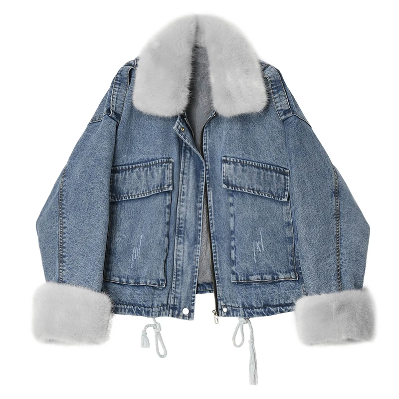 

Loose Fit Fur Split Denim Big Size Jacket New Lapel Long Sleeve Women Coat Fashion Tide Autumn Winter 2019 F585
