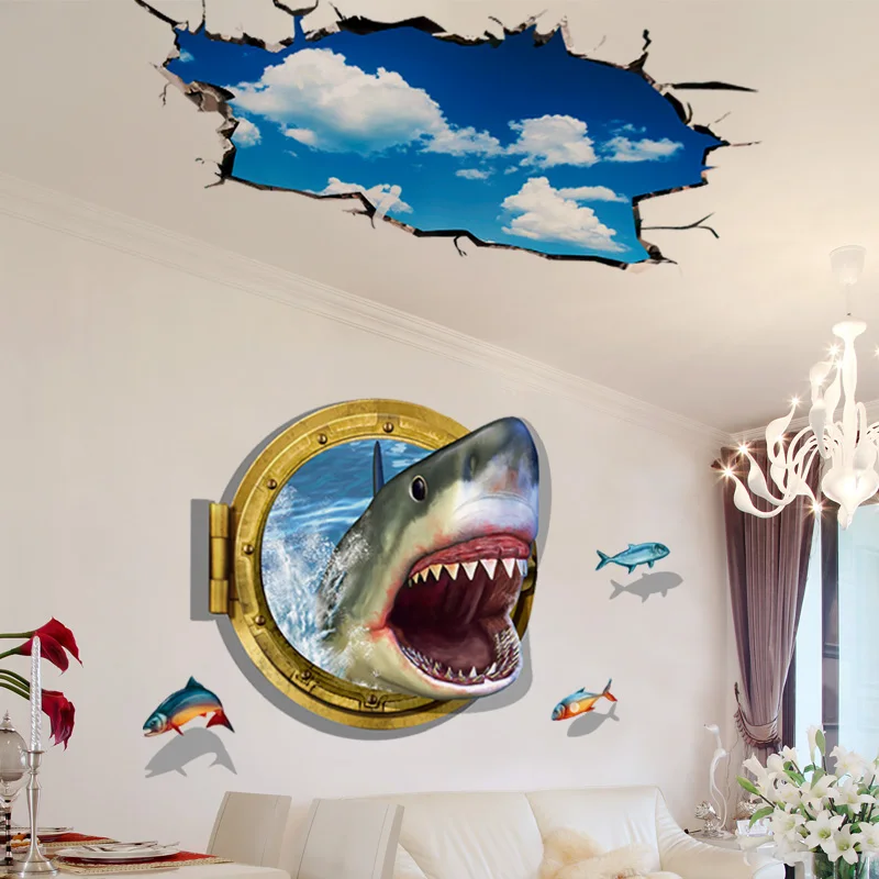 [SHIJUEHEZI] Shark Wall Stickers PVC Material DIY Blue Sky Wall Poster for Kids Rooms Living Room Nursery House Decoration