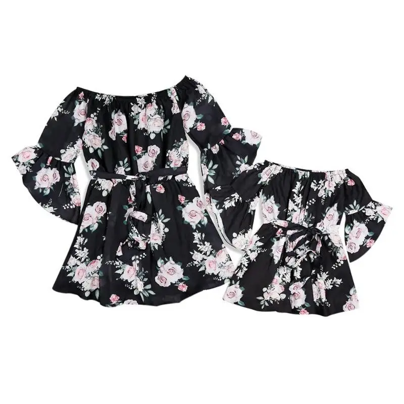 

Parent-child Dresses Floral Print Party Family Matching Outfits Fashion Flare Sleeve Mini Dress for Mom Daughter