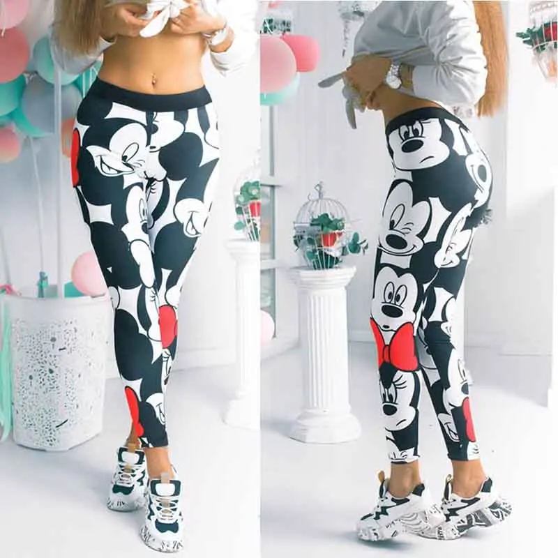 Disney Stretch Pants Mickey Mouse Printed Tight Hip Lift Women Ankle-Length Leggings Fitness High Waist Elastic Push Up Trousers