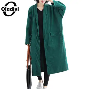 

Oladivi Plus Size Women Clothing Solid Color Corduroy Trench Coat Fashion Ladies Casual Loose Long Top Overcoats Female Cardigan