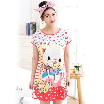 

Women Girls Short Sleeve Milk Fiber Nightdress Student Cute Cartoon Animal Double Sided Print Sleepwear Side Split Loose Pajamas