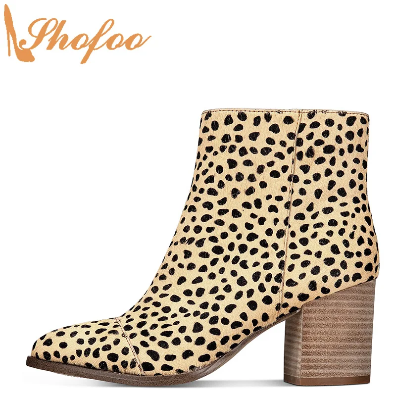 

Cheetah Leopard Print Woman Ankle Boots High Chunky Heels Pointed Toe Booties Large Size 12 15 Lady Fashion Mature Shoes Shofoo