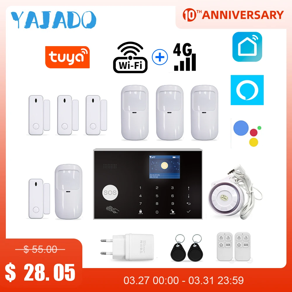 

YAJADO Tuya WiFi 4G 3G GSM Alarm System Kit Home Security Burglar Alarm with 433MHz Wireless&Wired Detectors APP Remote Control