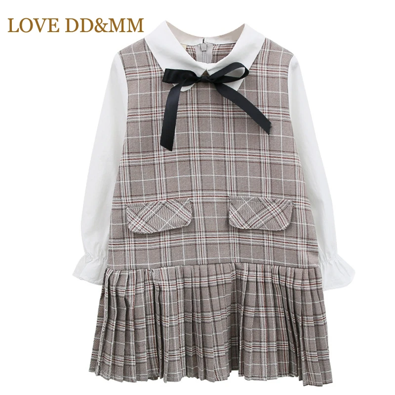 Красивые платья для девочек DD& MM; осеннее модное плиссированное платье в клетку с отложным воротником и бантом; детская одежда