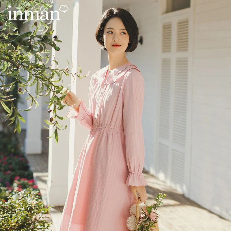

INMAN 2020 Spring New Arrival Literary Double-deck Doll Collar Nipped Waist Long Sleeve Dress