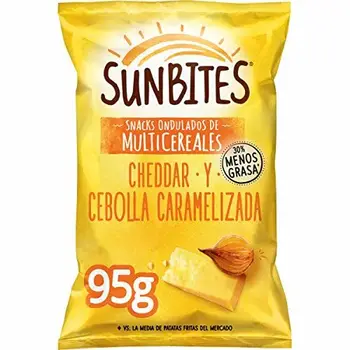 

Sunbites, Snack ondulados multicereales con sabor a cheddar y cebolla caramelizada - 95 gr