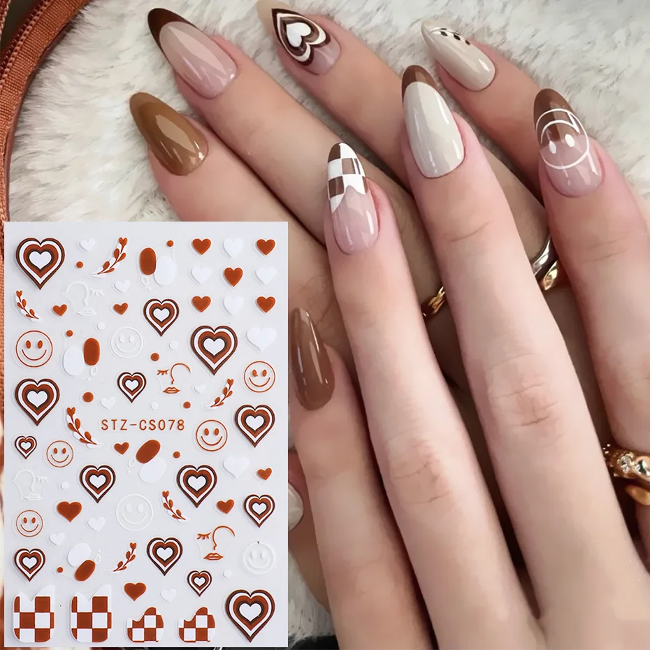 Coffee Pull Flower Heart Nail Stickers Brown Abstract Face Smile Leaf Checkerboard Slider French Tips 3D Manicure NLSTZ-CS078 nail stickers nail art decoration nail decals flower stickers