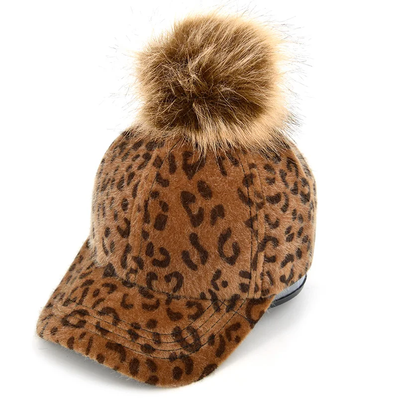 Женская бейсбольная кепка с леопардовым принтом, зимний помпон с искуственным мехом, бальная шапка, Женская Повседневная Уличная Кепка Snapback
