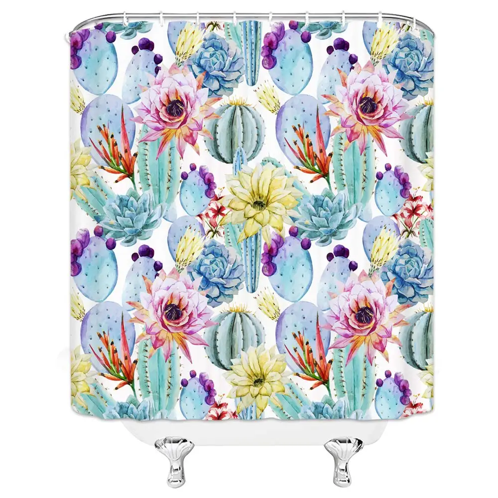 

Watercolor Cactus Shower Curtain, Tropical Flowers Prickly Desert Succulent Cacti Plant Shower Curtain for Bathroom, 3D Fabric