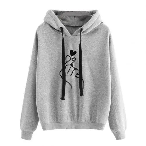 Hoodies Women Snap Finger Heart Print Long Sleeve Hooded Sweatshirt Top Casual Solid Color Sportswear S-3XL kpop худи женские - Color: Grey